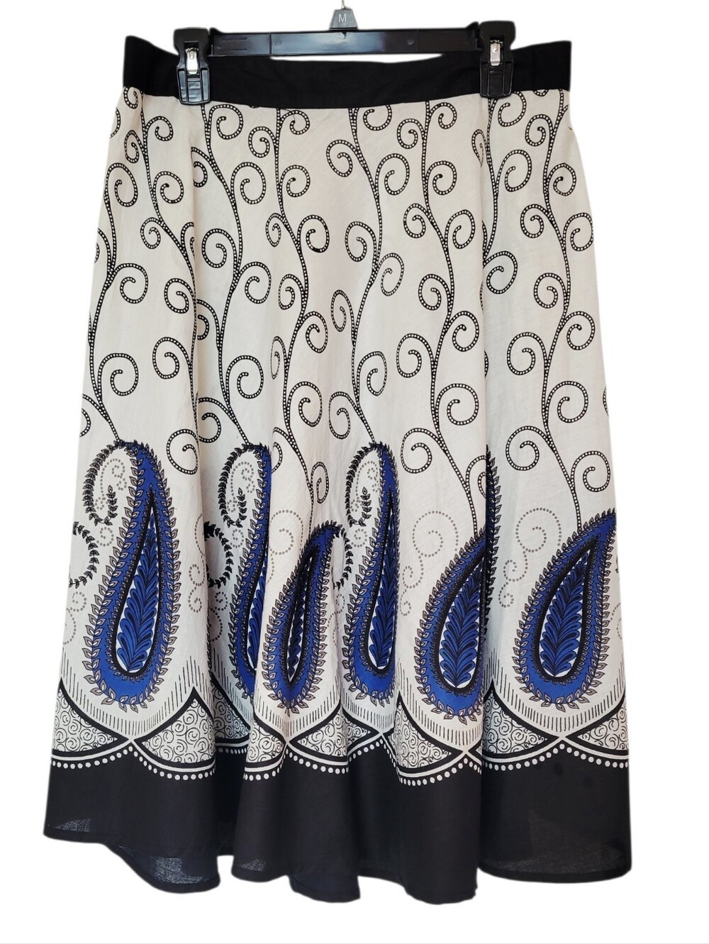 Studio West Midi Cream Skirt with Blue Paisley and Black Trim